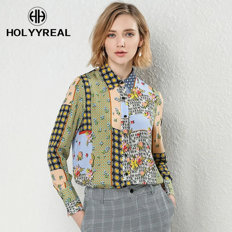 HOLYYREAL 2018 Spring New Women's Real Silk Blouse Floral Print 100