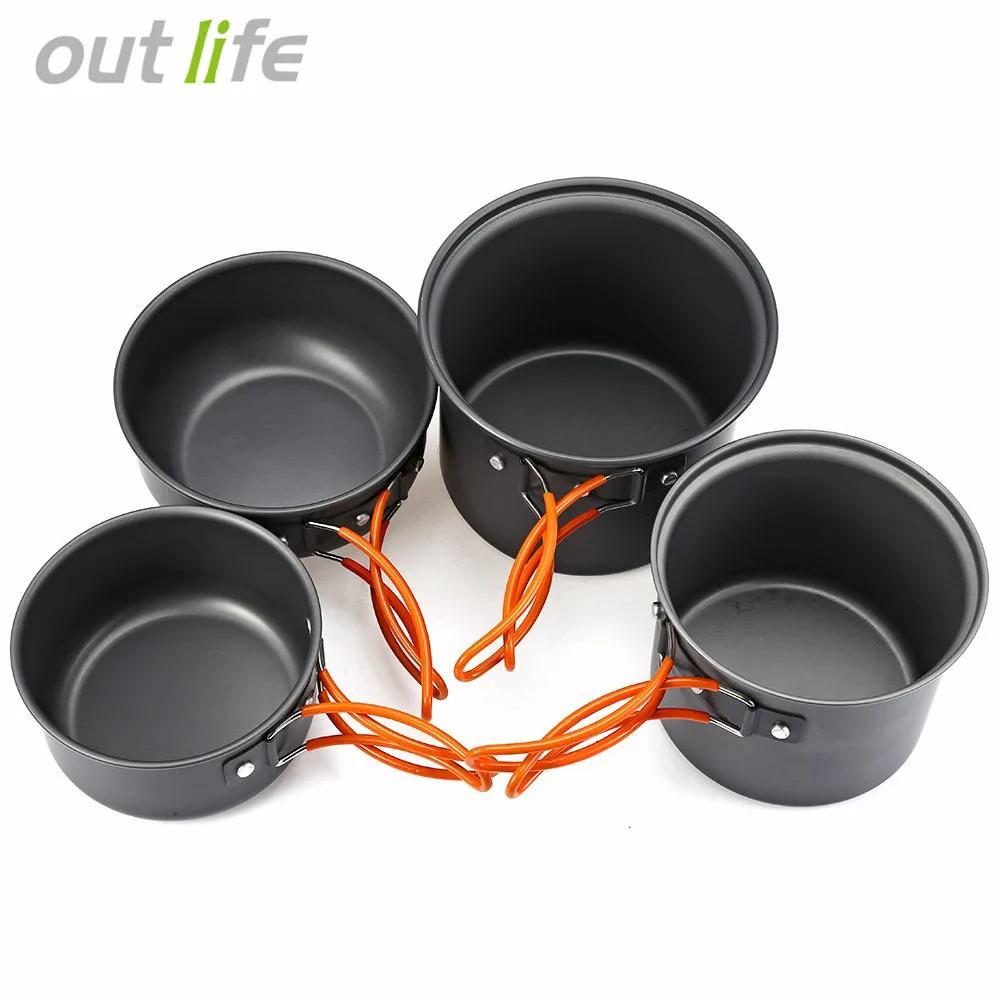 

Outlife 4pcs Alloy Outdoor Pot Camping Cookware Pots Set Camping Tableware Set Cooking Pan Bowl Folding Handles Tube Cover