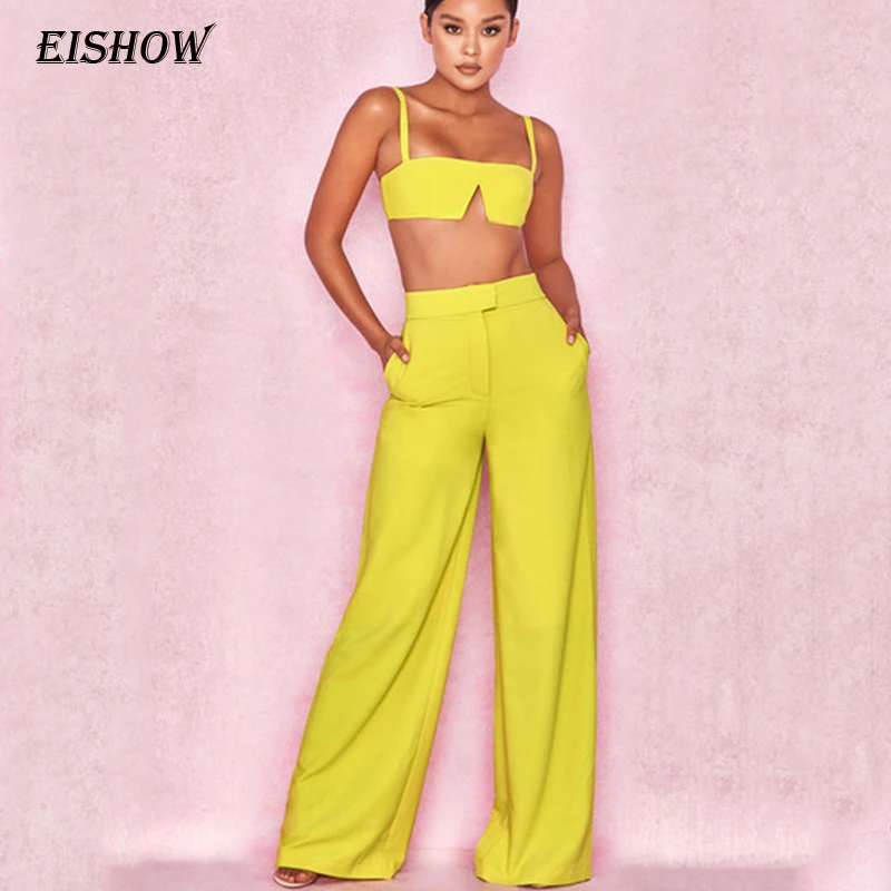 

EISHOW Sexy 2 Piece Set Women Spaghetti Strap Outfits Crop Top and Flares Pants Set Matching Sets Summer Autumn Clothes Set 2019
