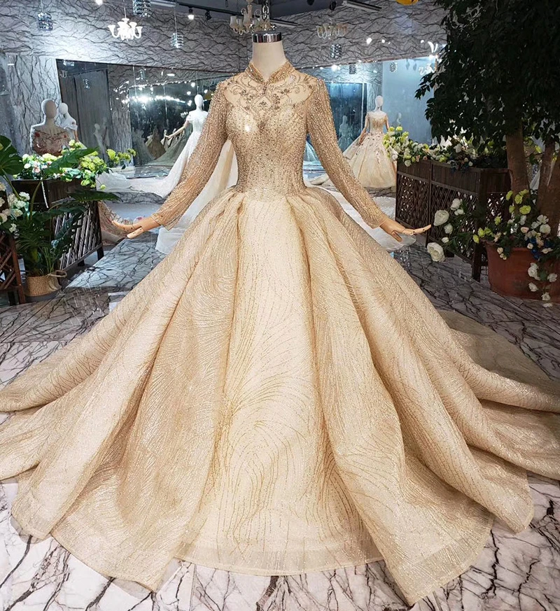 WONDMOND старинные c высоким горлом одежда с длинным рукавом золотыми блестками Кристалл бальное платье Свадебные платья vestido de noiva Новинка 2019
