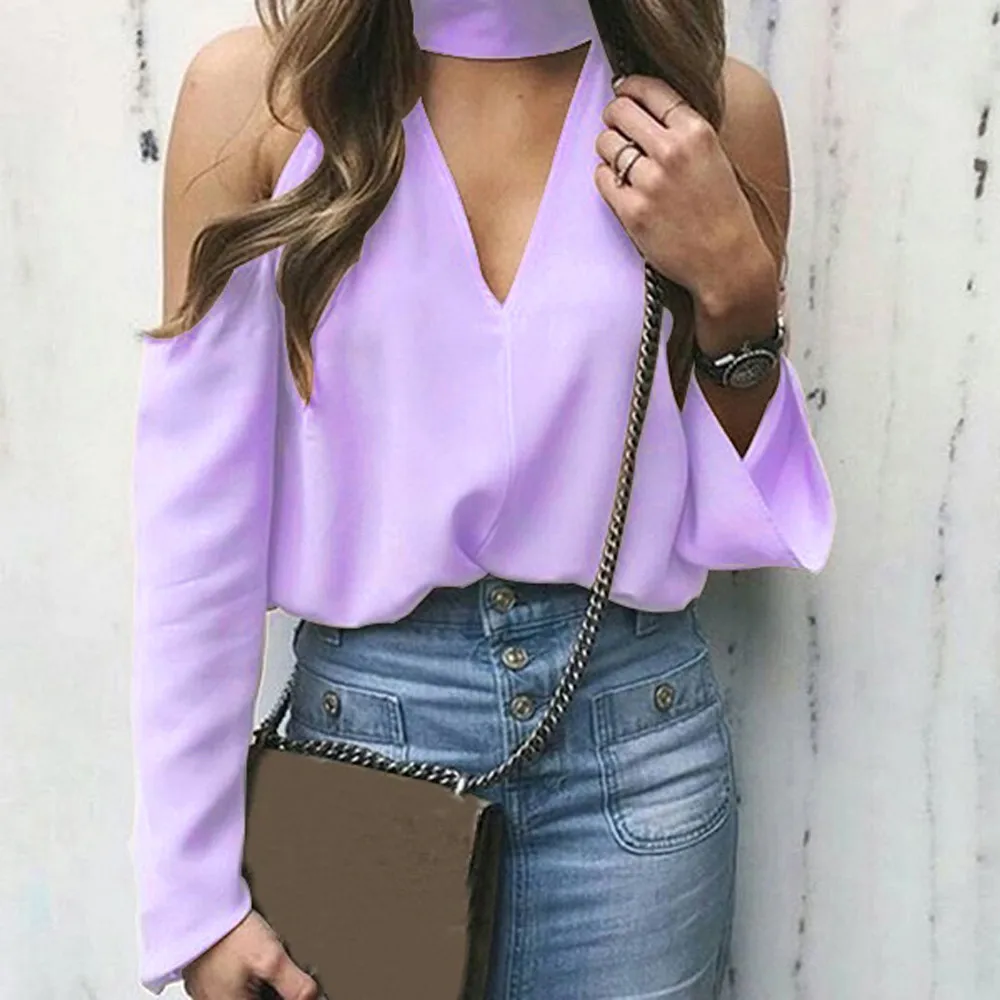 

T Shirt Streetwear Women's Sexy Off the Shoulder Long Sleeve Halter V-neck T-shirt Clothes Poleras De Mujer Moda 2018
