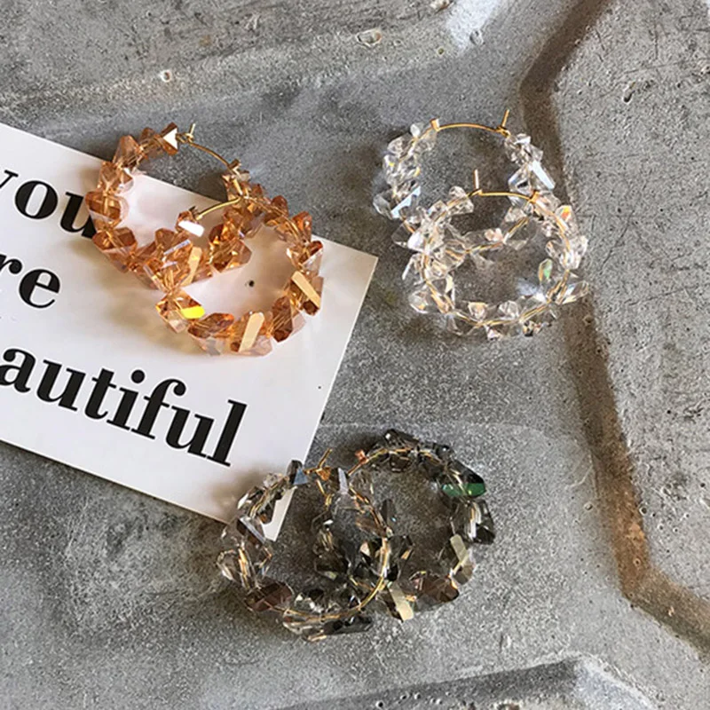 

2019 New Fashion Irregular Transparent Orange Gray Crystal Charm Hoop Earrings For Women Korean Statement Earring Jewelry