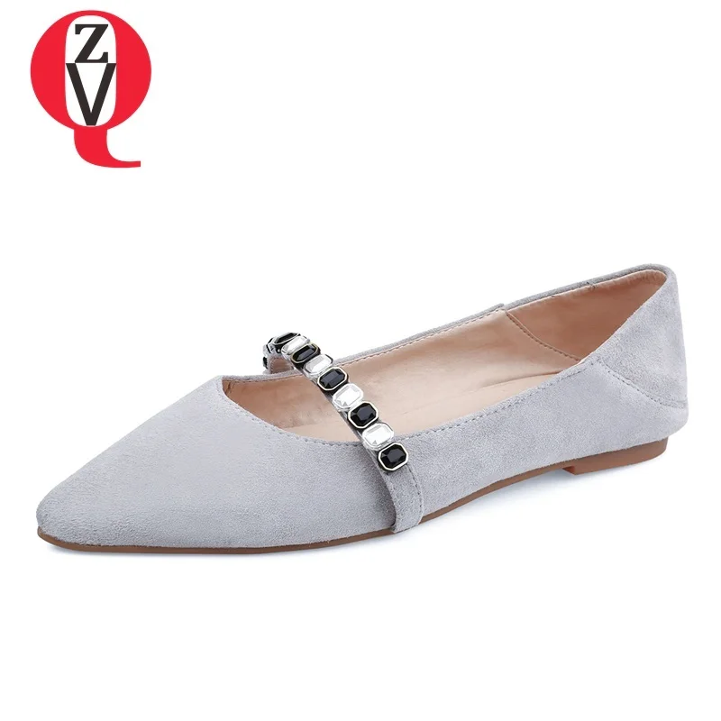 

ZVQ women shoes new kid suede pointed toe slip-on three colors outside concise casual string bead spring lady flats