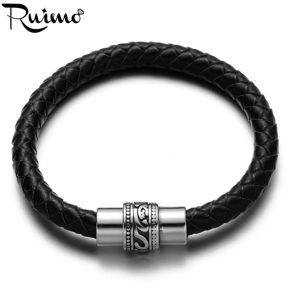 

RUIMO 17-21mm Genuine Leather Dangle Bracelet Men With 316l Stainless Steel Totems Pattern Magnet Clasp Fit Jewelry Making