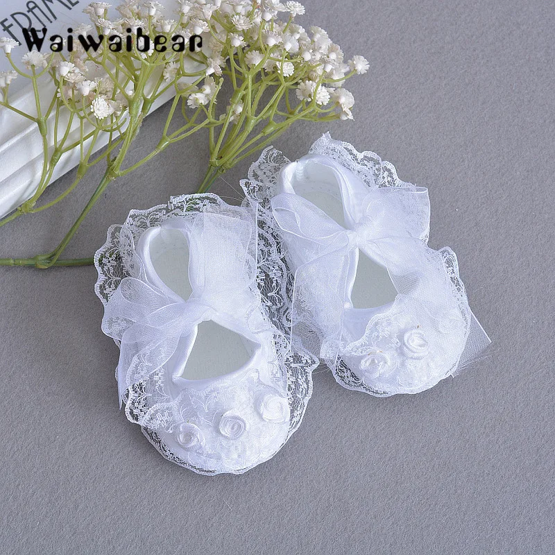 Waiwaibear Hot Sale  Baby Shoes Lace Flower Soft Soled First Walker Infant Toddler Princess Lace-Up Shoes For Newborn Baby Girls