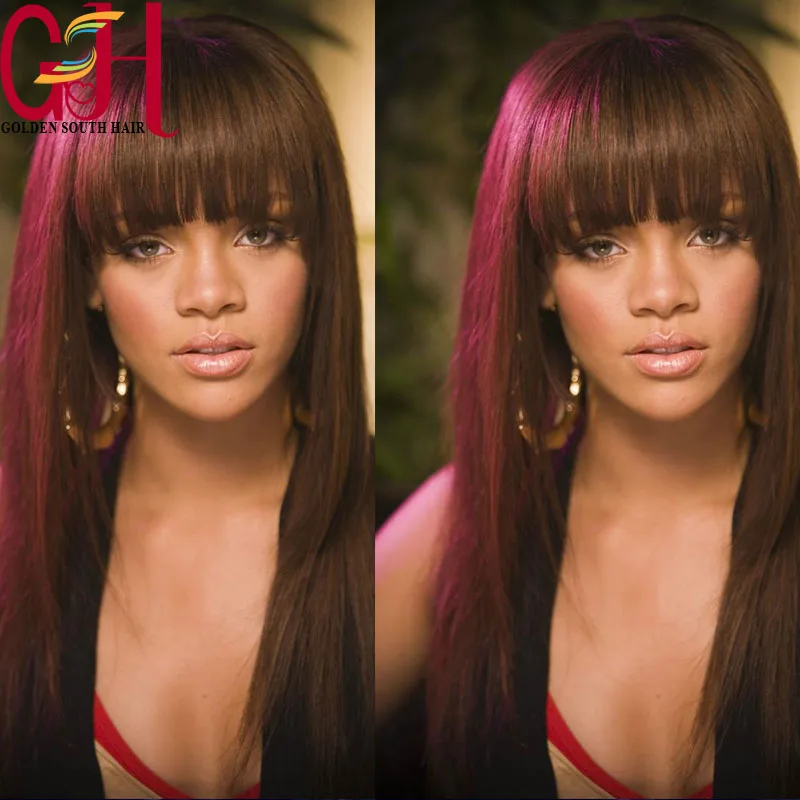 

Rihanna Layered Silky Straight Glueless Full Lace Wigs With Bangs/Lace Front Wig Human Hair For Black Women Baby Hair