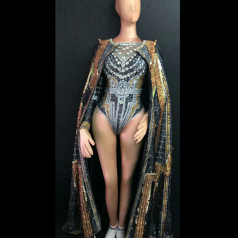 

DS Black Crystals Rhinestone Jumpsuit Women Sexy Outfit Party Costumes Stage Wear BodySuit Dance Singer Rhinestone Sexy Cloak