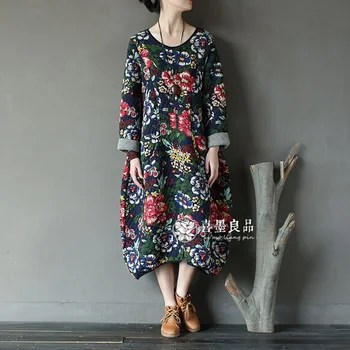 

Women Spring Autumn Dress 2017 New Fashion Cotton Linen Robes Dresses Print Long Sleeve Plus Size Female Dress