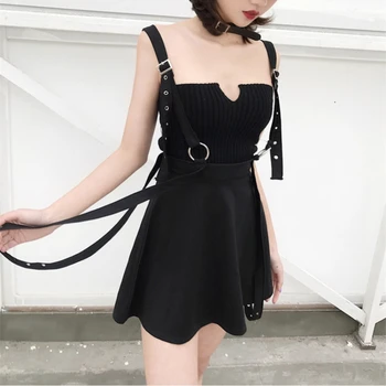 

2019 Fashion Woman Skirts High Waist Strap Skirt Female Fashion Black A-Line Skirt Gothic Mini Girls Skirts