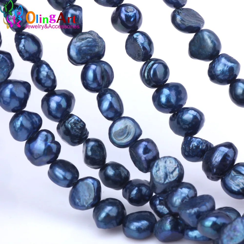 

OlingArt between 7-8MM 1string Peacock blue Natural pearl irregular oval beads DIY Bracelet earrings choker Jewelry Making