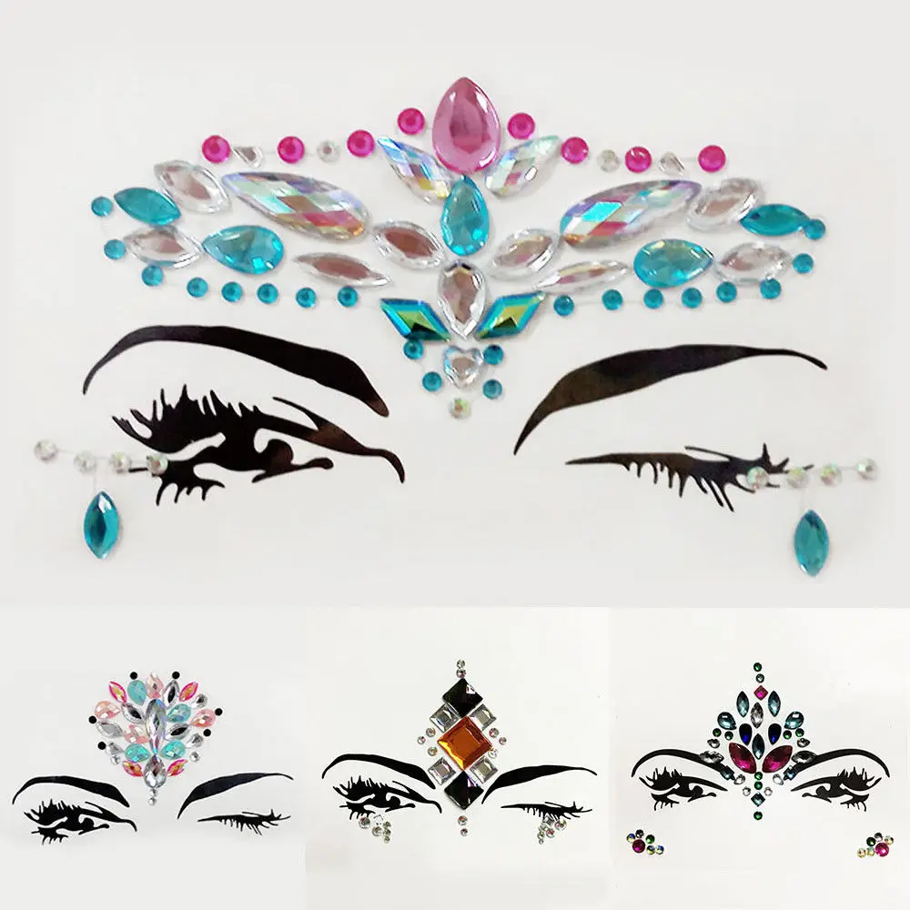 1 قطعة بريق حورية البحر الوجه الأحجار الكريمة جواهر حزب وشم على شكل رسوم للجسم ملصقا فستان بتصميم حالم