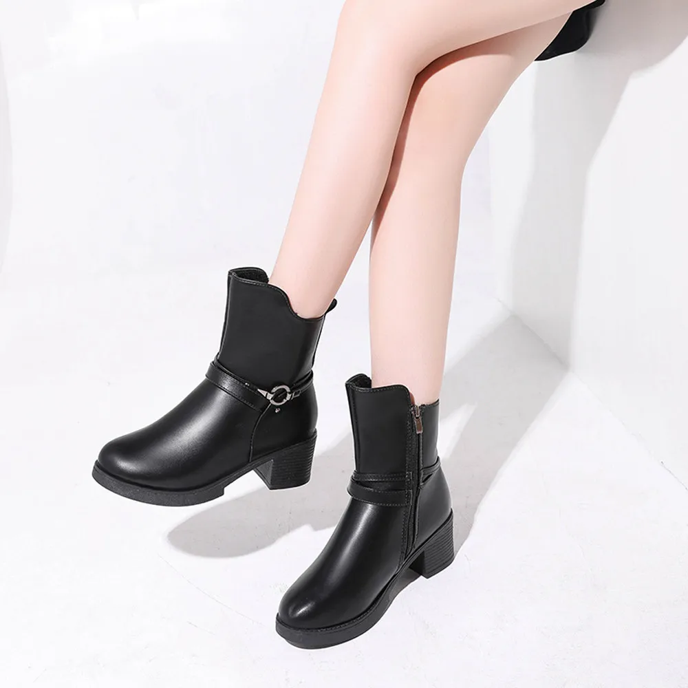 Boot Women Wedges Buckle Strap Leather Middle Boots Martin Boots Shoes Ankle Boot Casual Autumn Winter Soft Leather Shoes Sep#