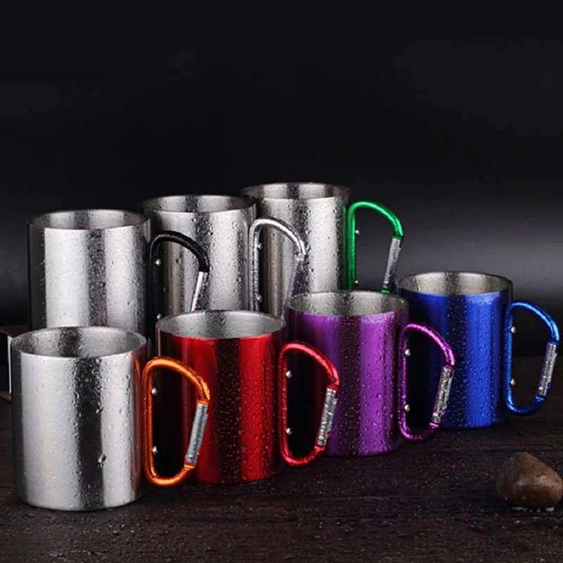 

300ml Stainless Steel Portable Mug Cup Double Wall Travel Tumbler Coffee Mug Tea Cup Carabiner Hook Handle Drink Water Bottle