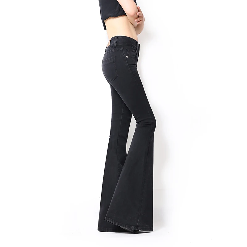 Женские повседневные расклешенные джинсы с расклешенным низом, обтягивающие женские черные однотонные узкие джинсовые штаны со средней талией, брюки для молодых девушек C078