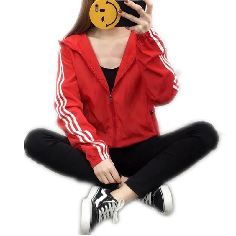 

2019 New Fashion Three White Striped Women Spring Jacket Long Sleeve Wide-Waisted Hooded Women Thin Coat Outerwear Jacket Q088