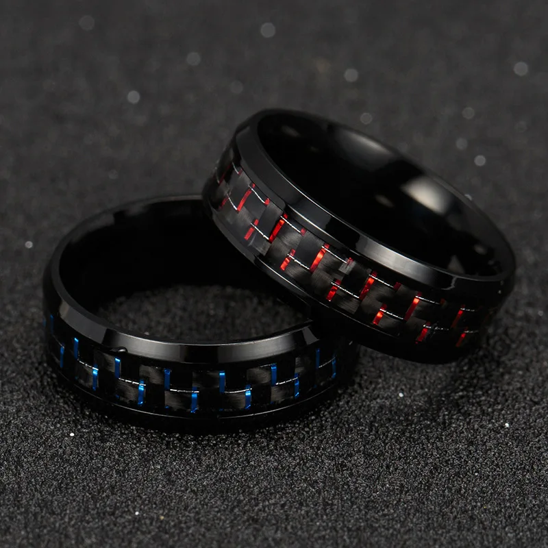 2019 Titanium Steel Black Carbon Fiber Rings Fashion Red Blue Ring Anel Masculino Mens Cool Jewelry