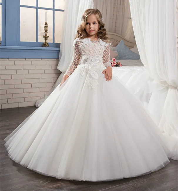 

First Communion Dress with Lace Button Crystal Illusion Back Long Sleeves Girls Birthday Gown Flower Girl Dress for Wedding