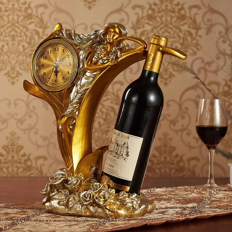 

European Resin Wine Holder Wine Rack Stand Crafts With Clock Home Decoration Ornament