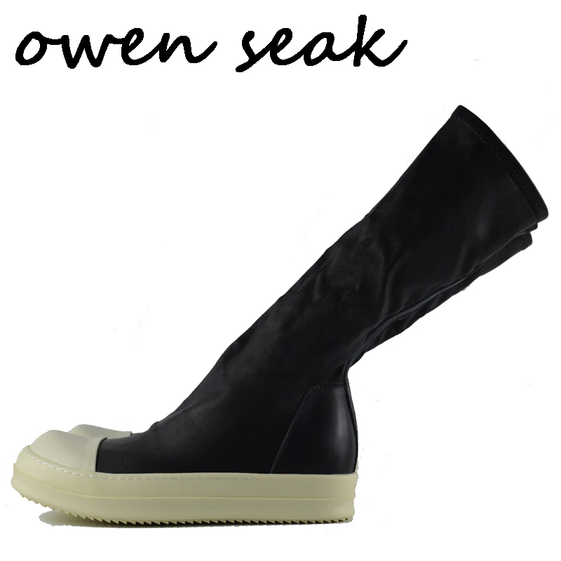 - Owen Seak Men Shoes Knee High Boots Sheepskin Leather Luxury Trainers Winter Boots Casual Flats Man Shoes Black Big Size Sneaker