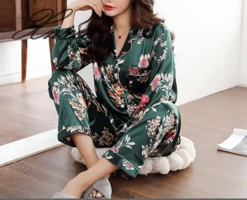 

Xnxee pajamas women spring and autumn long-sleeved suit simulation silk two-piece large size loose casual home service