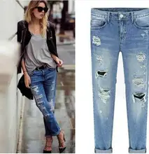 Nova Ripped Buracos Calças de Brim Das Mulheres Denim Cintura Alta Calça Casual Calças Lápis Calças Rasgadas Destruídas Boyfriend Jeans para As Mulheres