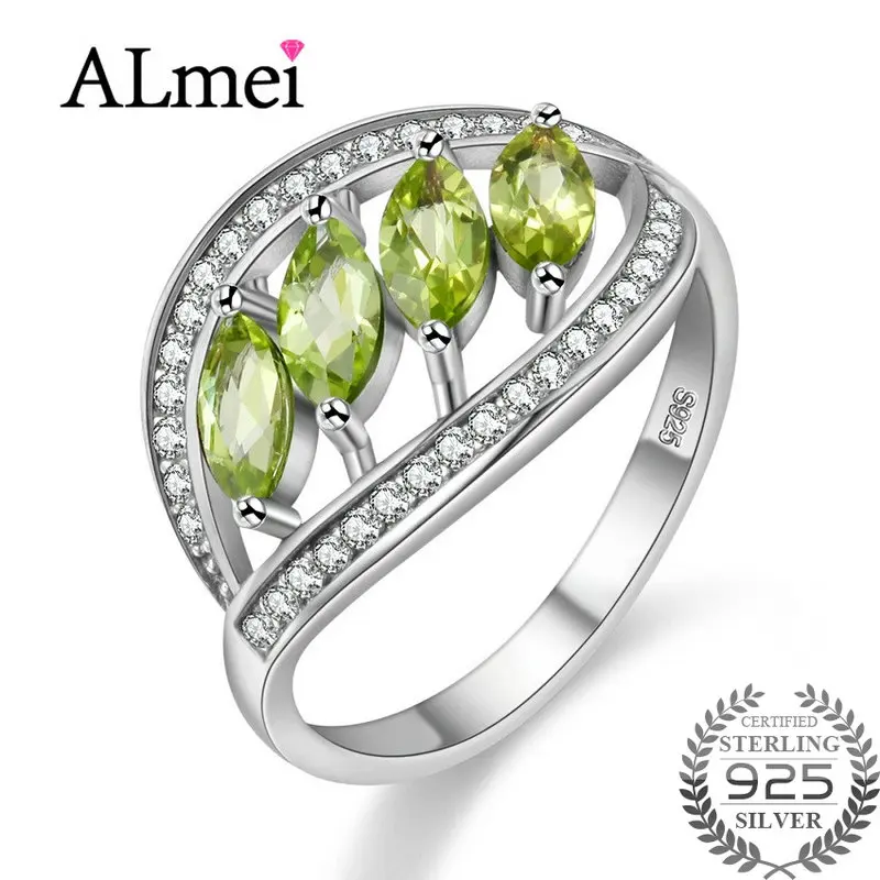 

Almei Green Spinel Zircon Ring Band Leaf Shape Natural Stone Wedding Rings Pure 925 Sterling Silver Women's Fine Jewelry FJ110