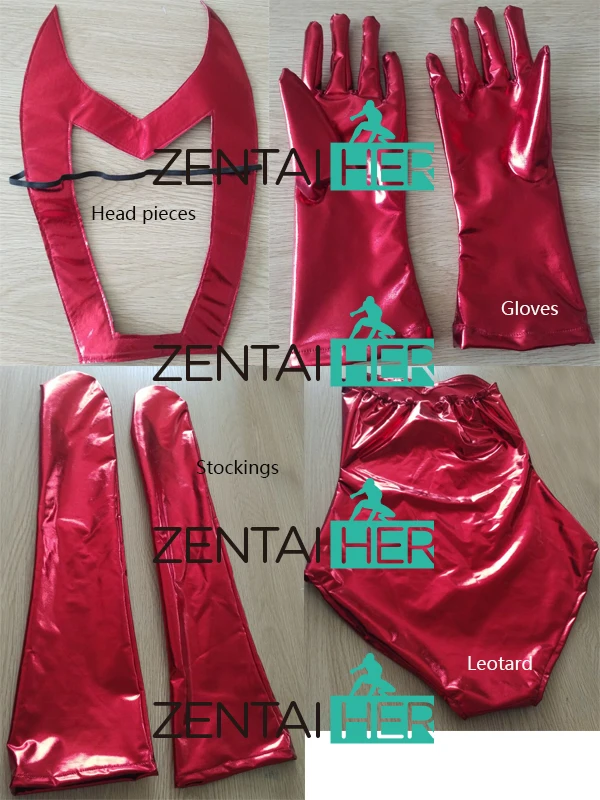 X- Men Scarlet Witch Costume Two Pieces Red Shiny Metallic Halloween Cosplay Costume (1)