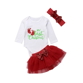 

Newborn Baby Girl Xmas Outfit 3PCS Clothes Long Sleeve Top Bodysuit Tutu Bow Skirt Set Autumn New Christmas Gifts For Baby 0-12M