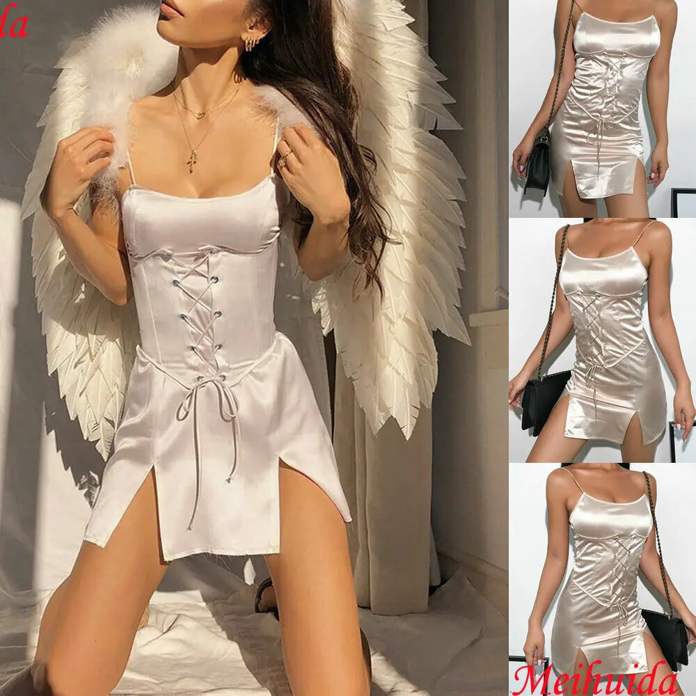 

2019 Summer Sexy Women's Ladies Girl Dress Above Knee Slit Sleeveless Slash Neck Solid Pure Color Party Club Wear