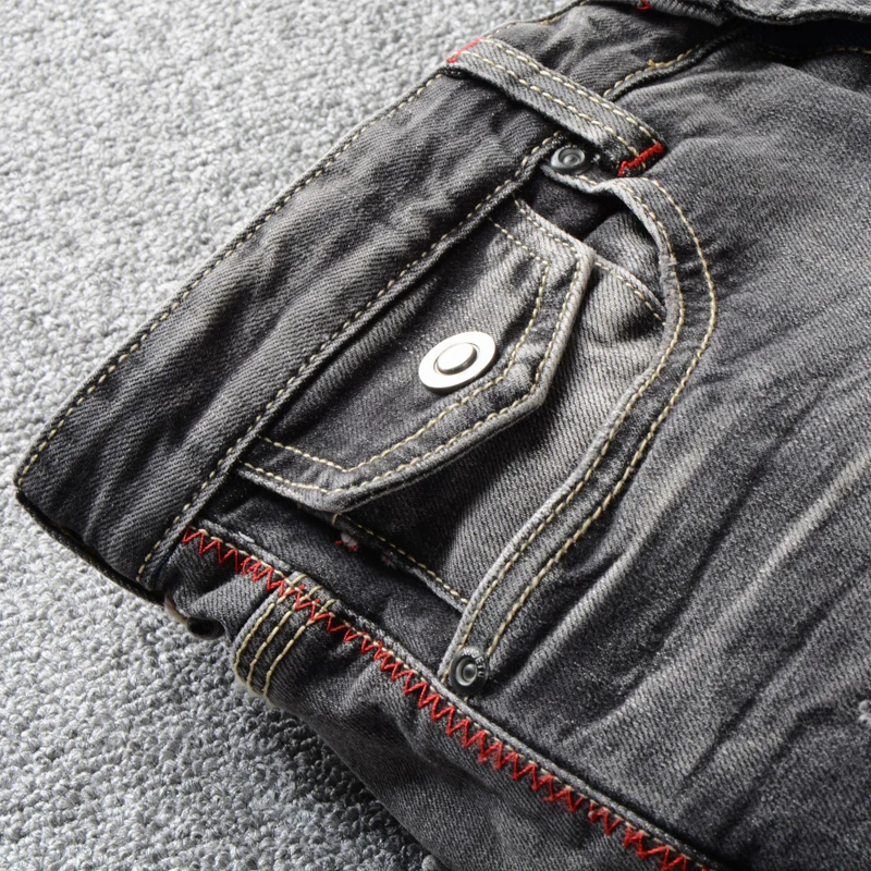 Italian Vintage Designer Men Jeans Slim Fit Retro Black Gray Color Ripped Jeans Men Classical Pants 5
