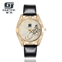 GUOTE высокое качество 5 цветов аналоговые кварцевые часы наручные часы платье для женщин Мода бабочка кожаный ремешок часы Горячая Мода