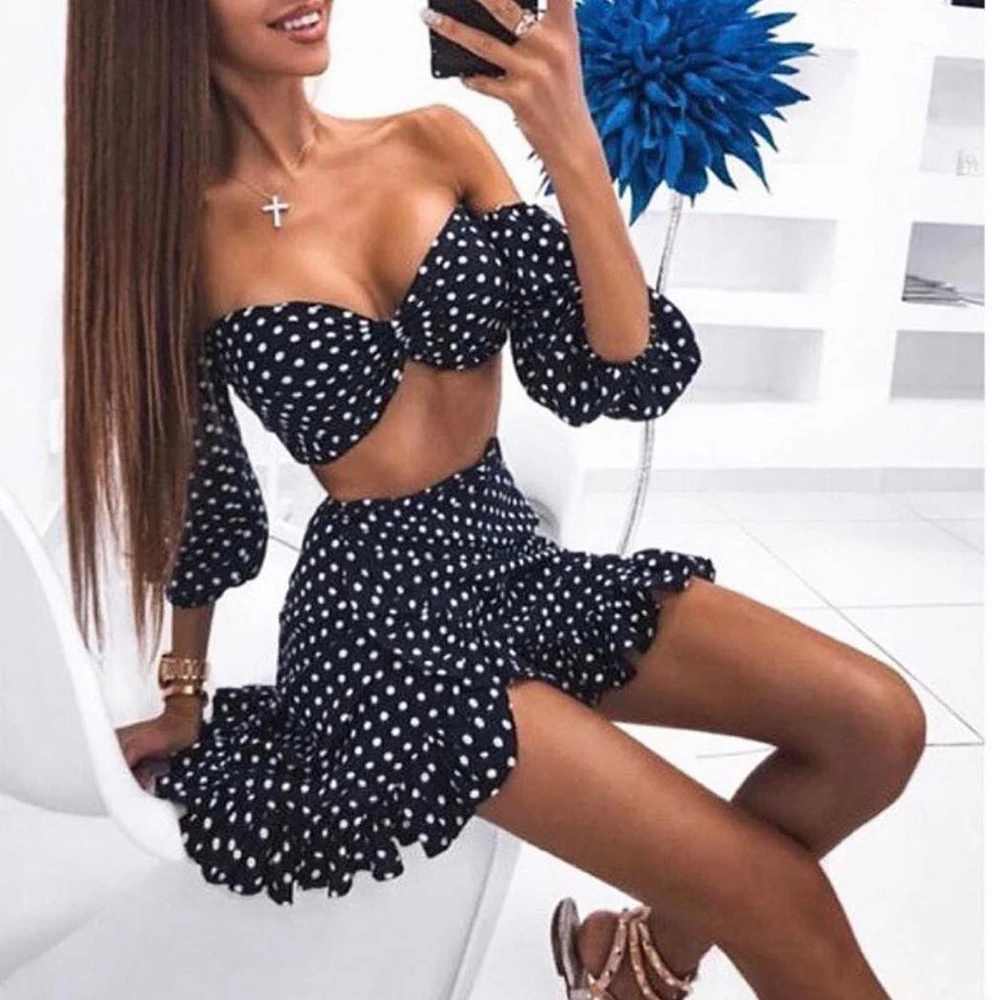 

Tosheiny 2019 Women Sexy Off Shoulder Dot Two Pcs Set Lovely Mini Dress Elegant Short Sleeve Holidays Mini Dress