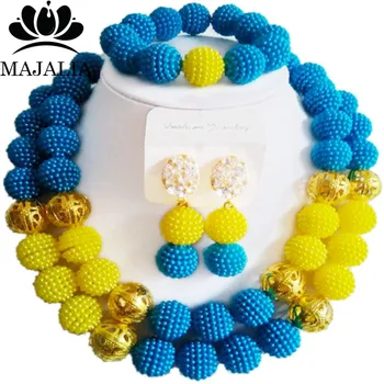 

Majalia Fashion Blue and Yellow Lady Nigerian Wedding African Jewelry Set Plastic Beads Bride Jewelry Sets Free Shipping 2QW011