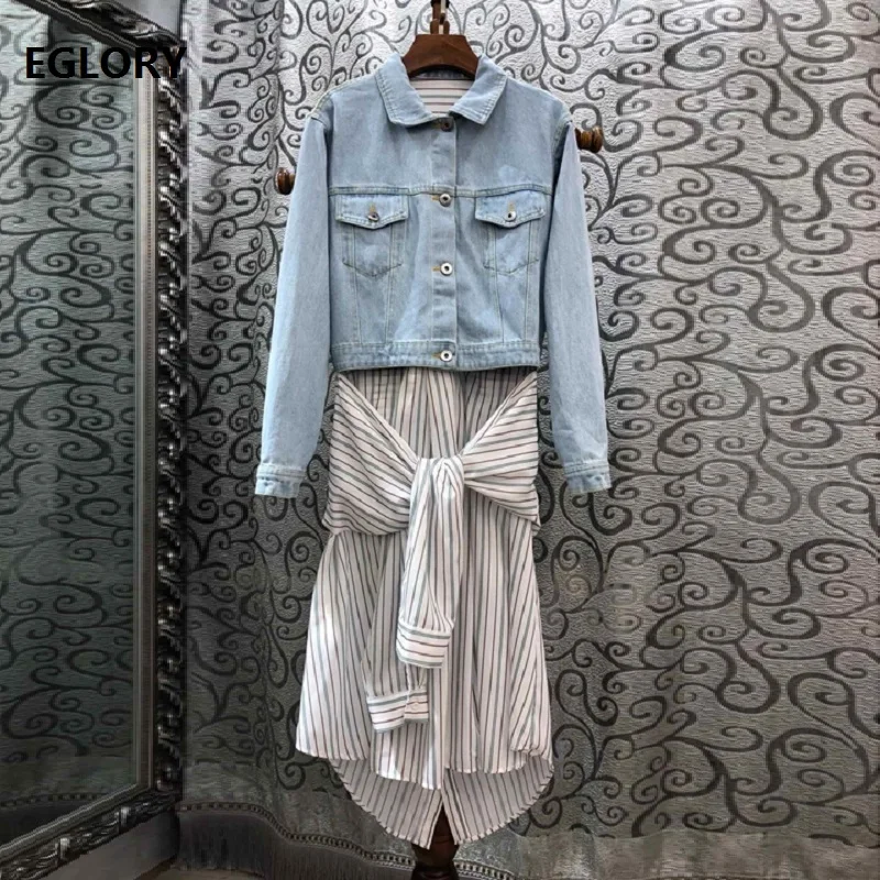 

One Piece Dress 2019 Summer Autumn Casual Denim Dress Women Striped Print Shirt Patchwork Long Sleeve Jeans Dress Ladies Clothes