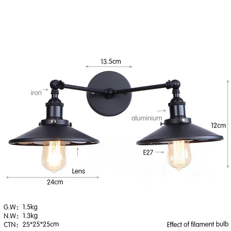 Черный Американский промышленный настенный светильник LED Edison 2 головки