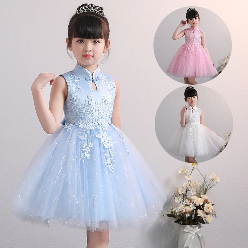 

2018 winter girls qipao tulle mesh dress girls party wear prom gown children kid halloween costume girl traditional clothes