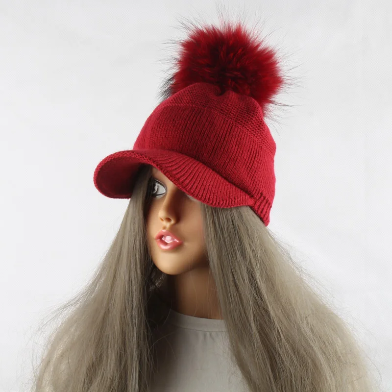 New Winter Fur Pompom Hat For Women Spring Cotton Knitted Baseball Cap With Pompon Brand Visor Caps Ladies Skullies Beanies plain black cap