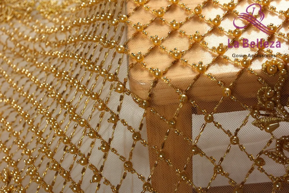 La Belleza модный дизайн супер тяжелый ручной работы Бисероплетение кристаллами жемчуг серый/слоновая кость/золото свадебное платье кружевная ткань 1 ярд