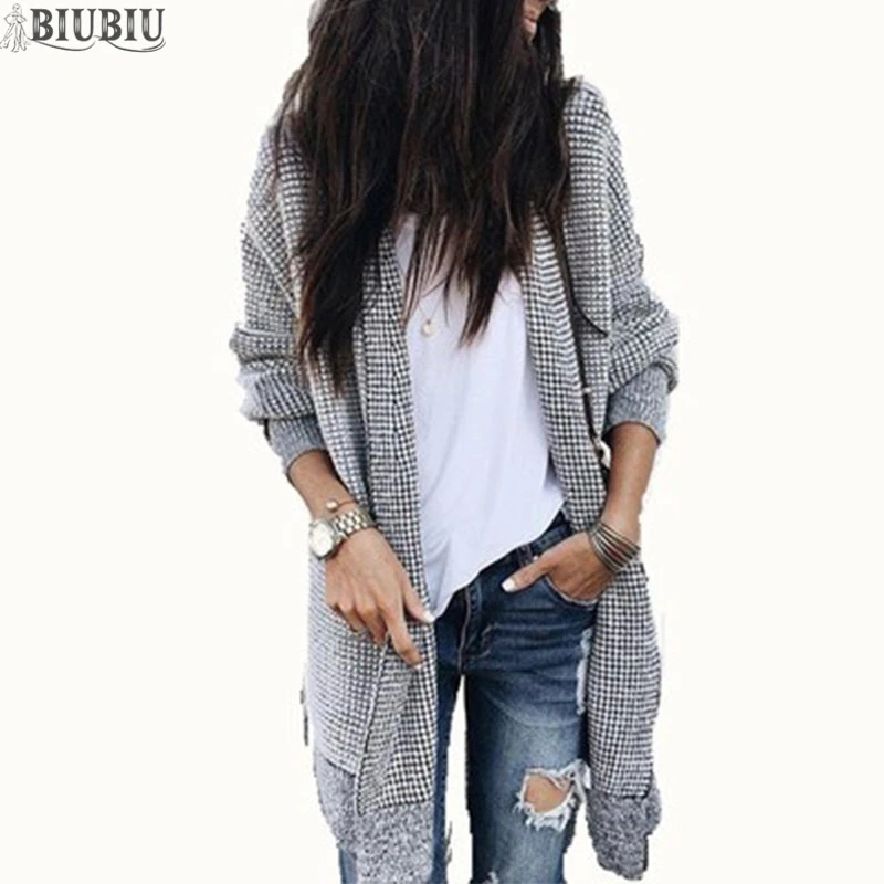 

BIUBIU Woolen Coats For Women Plaid Style Cardigan Loose Long Coat Stand Collar Full Sleeve Woman Casual Streetwear Spring Coats