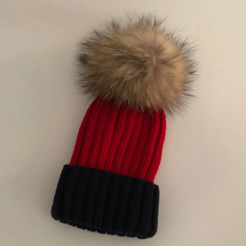 Повседневная Новинка, настоящие помпоны из лисьего меха, 15 см, Skullies Beanies, шапки для детей, зимняя шапка для девочек, одноцветная шерстяная хлопковая шапка Skullies Beanies