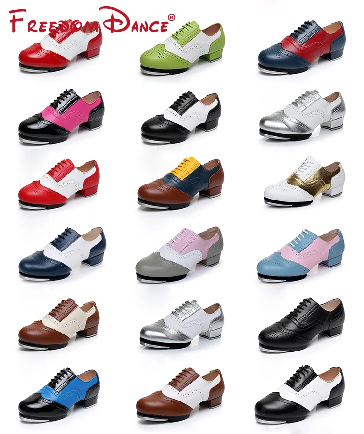 2021 Women Men Full Grain Leather Jazz Tap Dance Shoes Vintage Style Lace-Up Soft Split Soles Tap Character Shoes