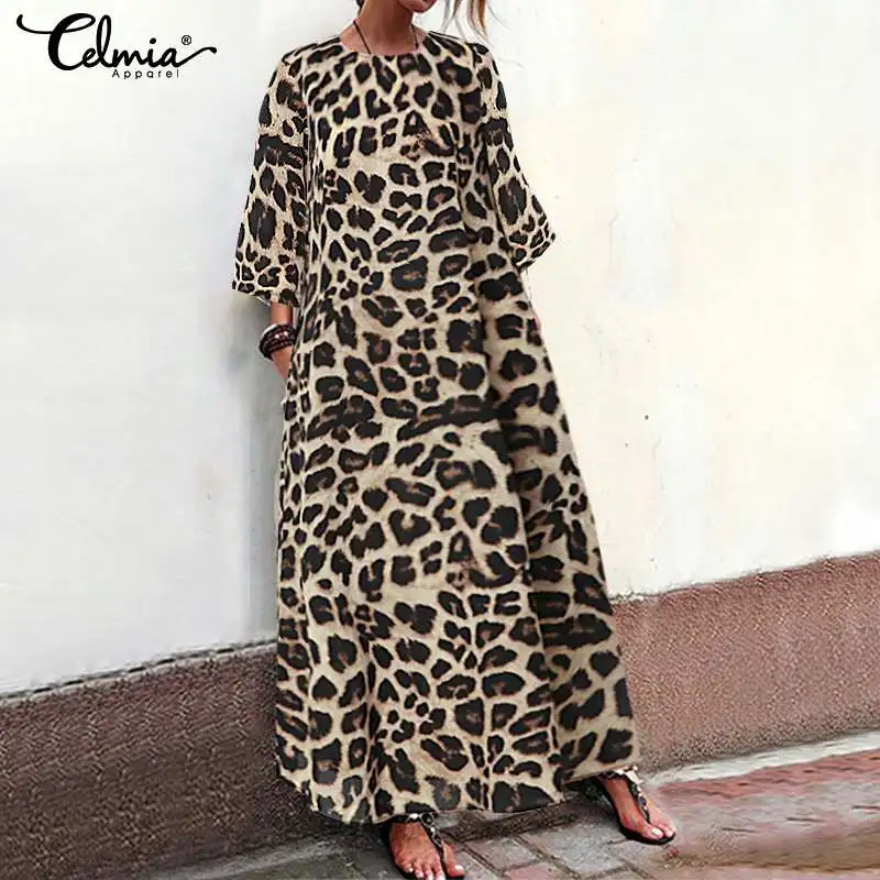 

Women Leopard Print Dress Celmia 2019 Summer 3/4 Sleeve Maxi Long Dress Casual Loose Party Vestidos Robe Femme Plus Size 5XL