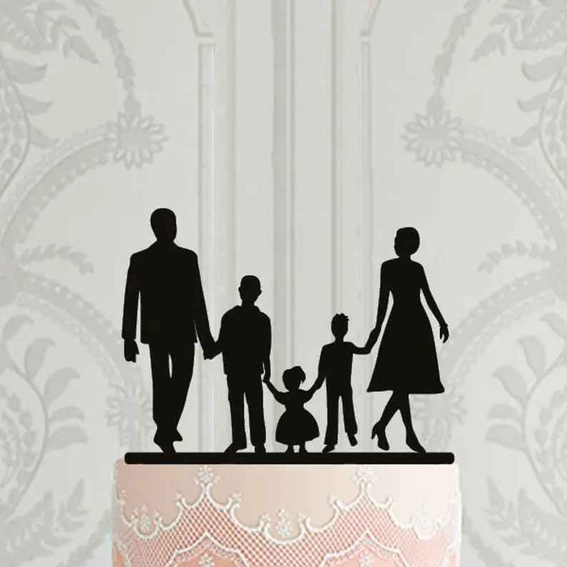 Семья тема торт акриловое украшение Деревянный свадебный день Святого Валентина торт украшения пары с тремя детьми Семья торт Топпер