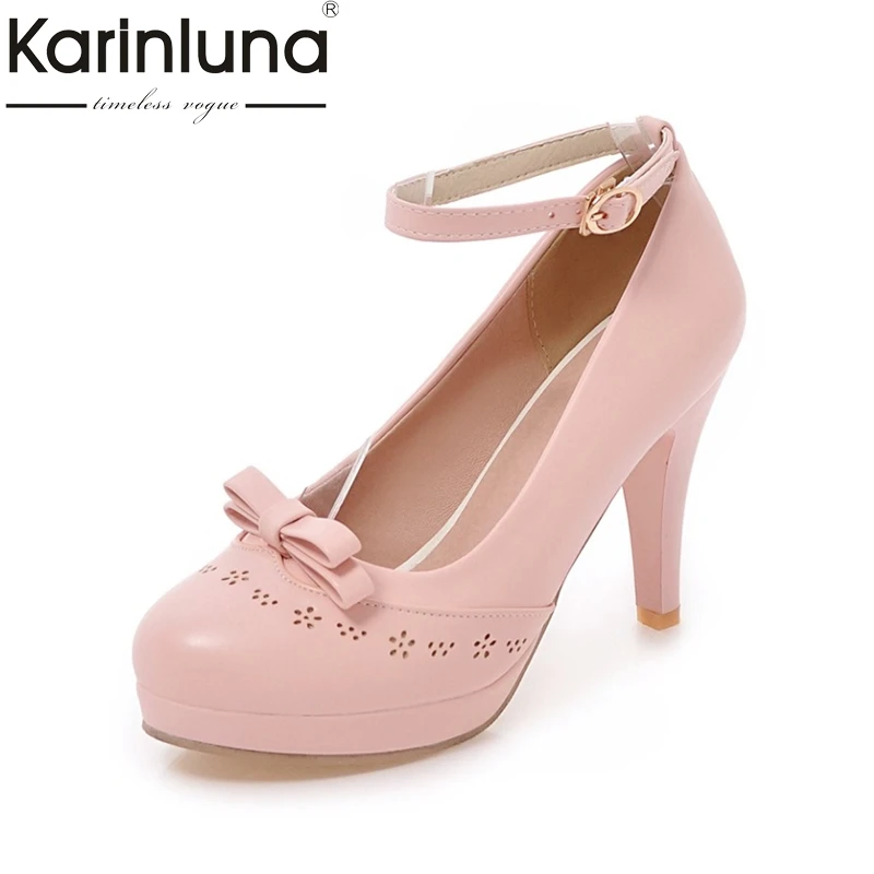 

KARINLUNA Women's Ankle Strap High Heel Sweet Bow Tie Shoes Woman Party Wedding Platform Pumps Big Size 34-43