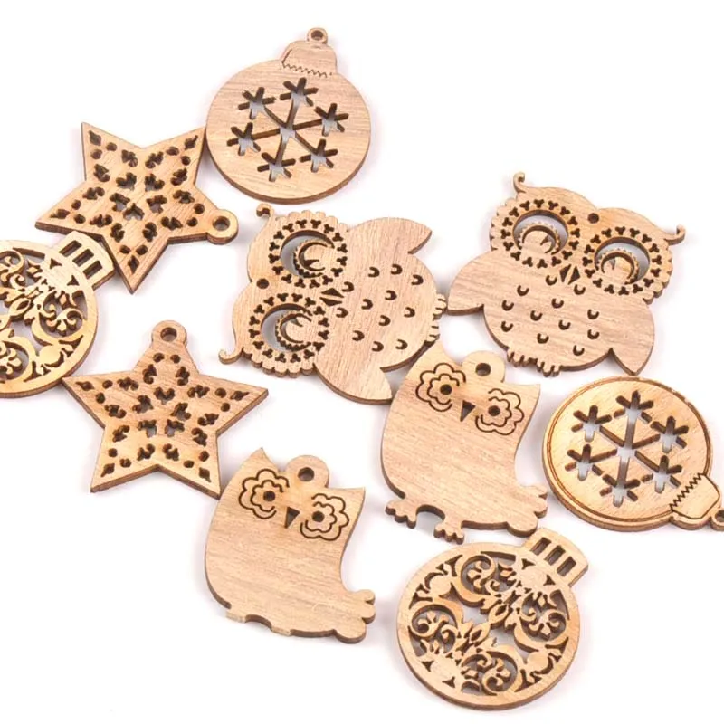 

Mixed Christmas Ball/Owl/star Cutouts DIY Wood Slices Crafts Scrapbooking Handmade Home Decoration Wooden Ornaments 10pcs m1848