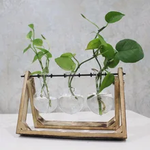 Vintage Style Glass Tabletop Plant Bonsai Flower Wedding Decorative Vase With Wooden Tray Home Decoration Accessories