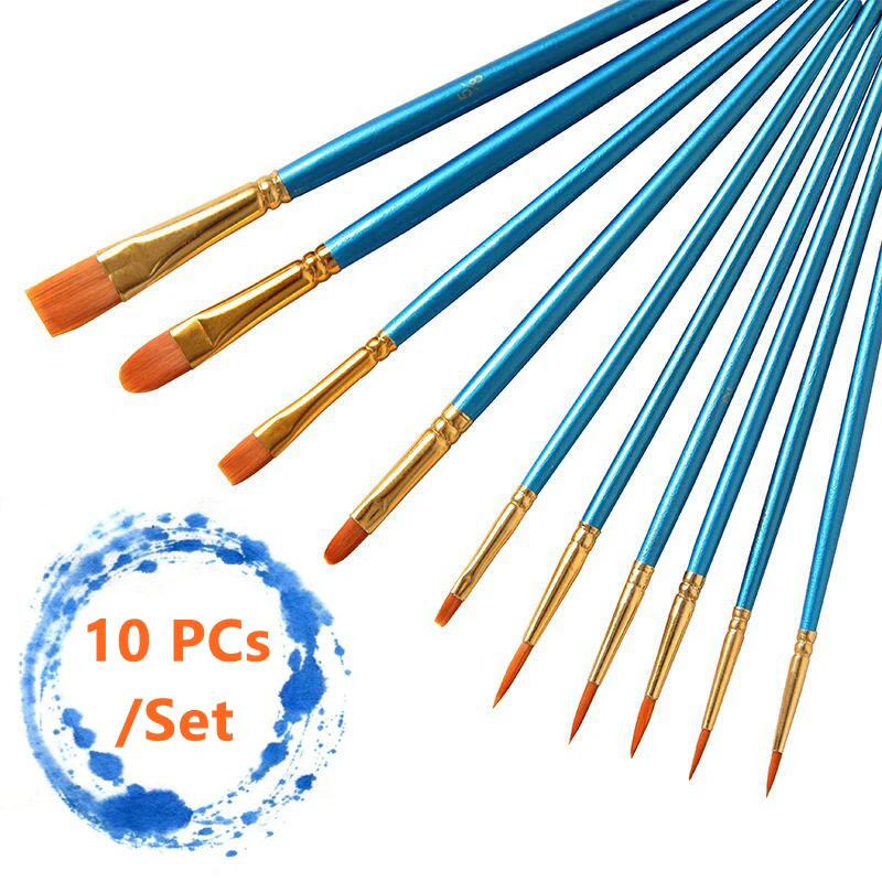 

YDNZC 10Pcs/Set Painting Brush Set Watercolor Gouache Paint Brushes Nylon Hair Different Shape Round Pointed Tip Art Supplies