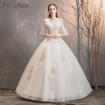

He's Bride New Floor-Length Boat Neck Appliques Lace Up A-Line Flare Sleeve Simple white Wedding Dresses custom made