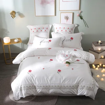 

2018 4/7pcs egyptian cotton white Bedding Set Queen King Size Bed Set for girls Embroidery Duvet Cover Home Bedclothes