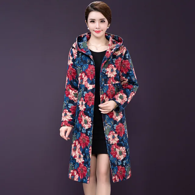 2017 New Fashion Women Winter Cotton Jacket Female Long Warm Print